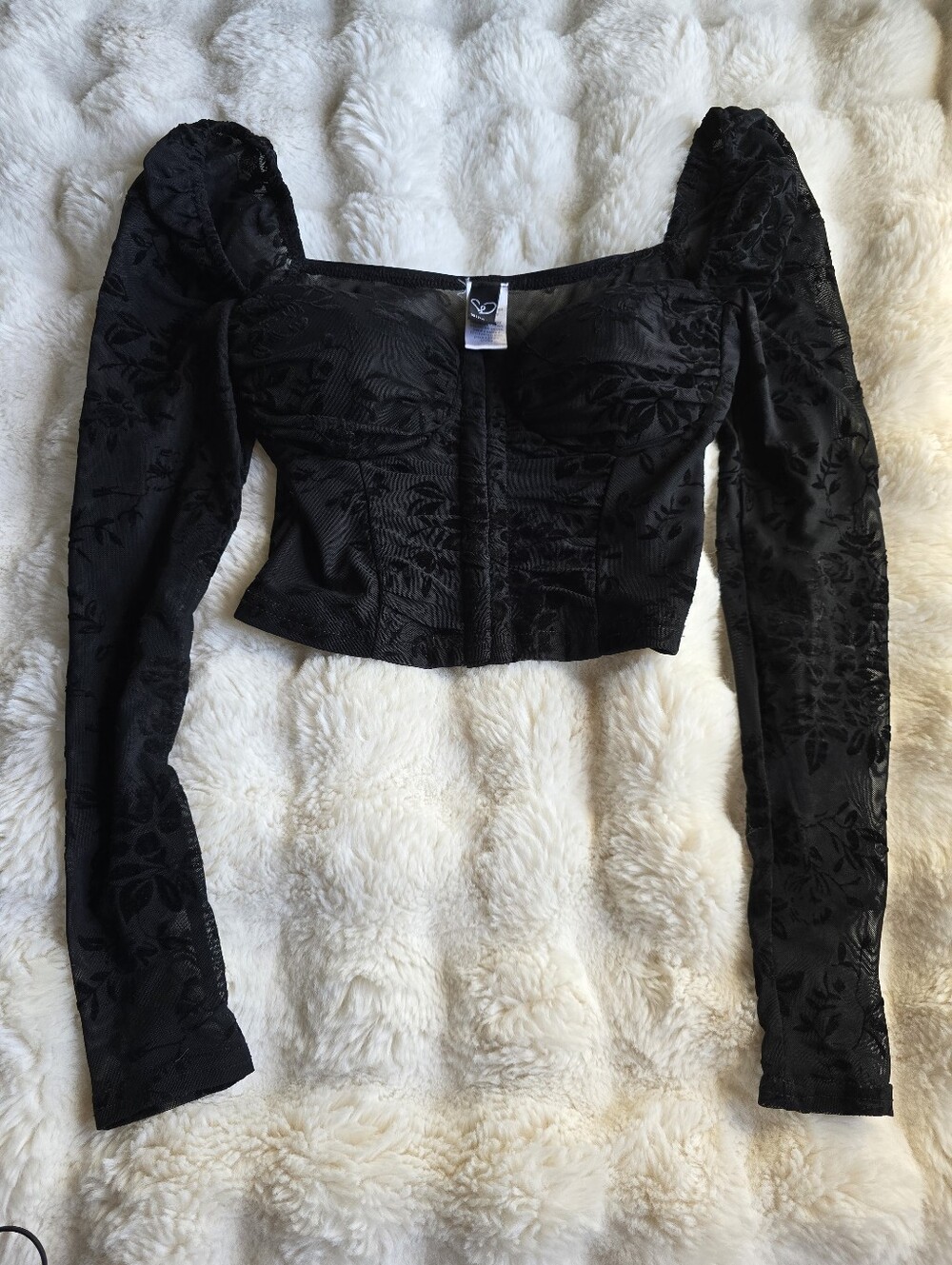 Black Long Sleeve Flocked Corset Top - Women's